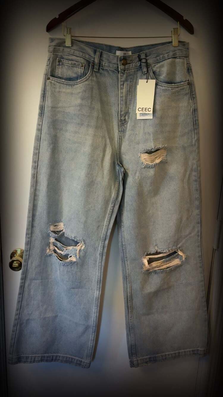 CEEC Light Wash Distressed Wide Leg Jeans